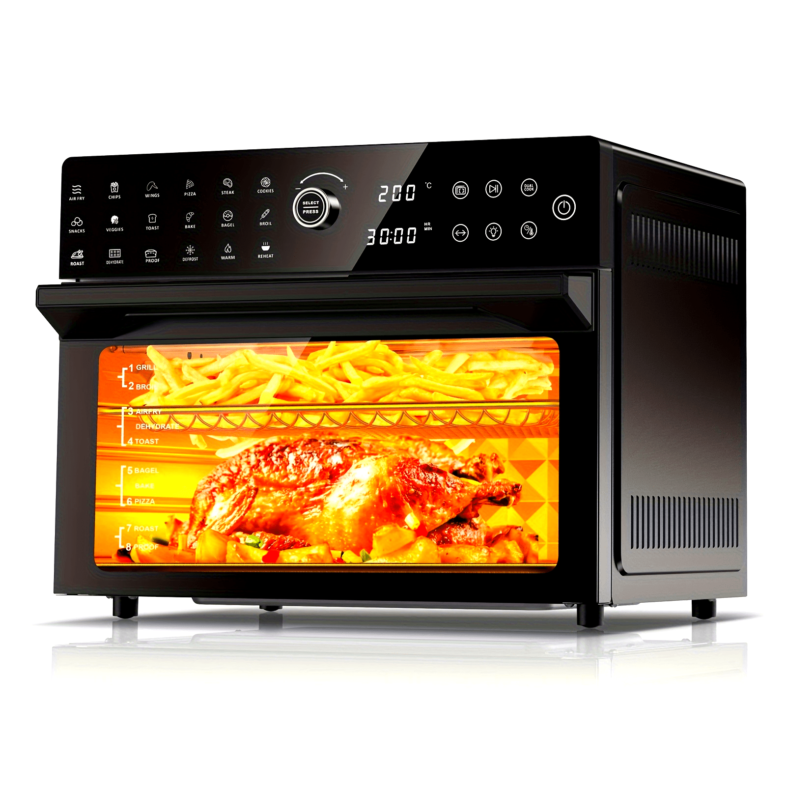 Combinado de Fritadeira a Ar Extra Grande de 32Qt & Forno Torradeira - 1800W, Configurações de Cozimento Duplo, Circulação de Ar Quente 360° para Refeições Mais Saudáveis, Pizza de 13", Mais, Prateleira Dupla 20-em-1, Porta Transparente, 7 Acessórios, Tec