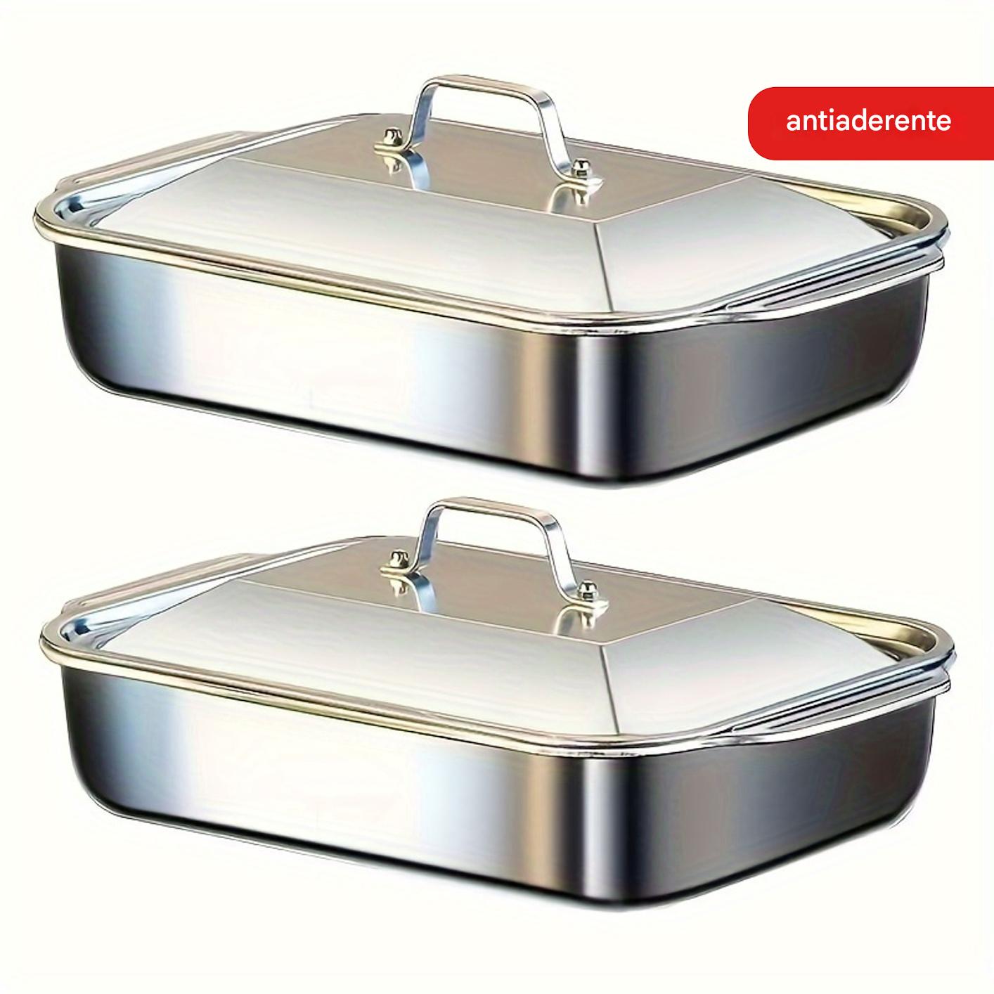 Conjunto de 2 ou 1 Panelas para Grelhar em Aço Inoxidável e Ferro Retangulares com Tampas, Alças, Para Assar, Servir, Antiaderente, Uso Doméstico e Comercial, Restaurante, Acampamento, Utensílios de Cozinha, Laváveis na Máquina de Louça - Essenciais da Co