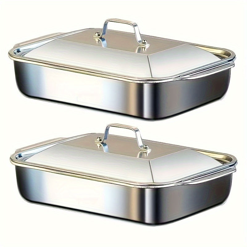 Conjunto de 2 ou 1 Panelas para Grelhar em Aço Inoxidável e Ferro Retangulares com Tampas, Alças, Para Assar, Servir, Antiaderente, Uso Doméstico e Comercial, Restaurante, Acampamento, Utensílios de Cozinha, Laváveis na Máquina de Louça - Essenciais da Co