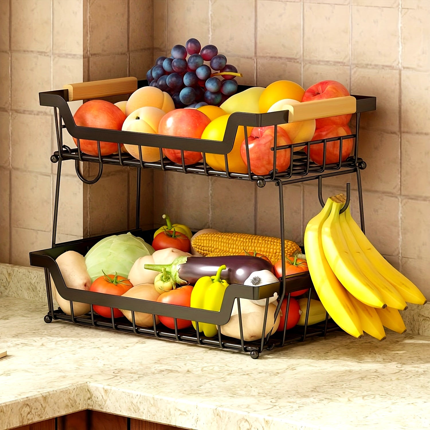 Prateleira de balcão de 2 níveis com 2 ganchos para cesta de frutas, adequada para cozinha, prateleira organizadora de frutas e vegetais de pão de metal removível com alça de madeira, tigela de rack de armazenamento retangular de grande capacidade, preto
