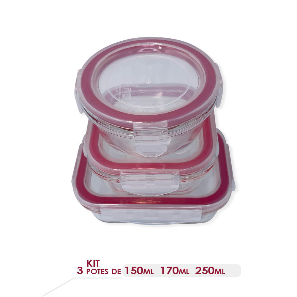 Kit 3 Potes de Vidro com Tampa Hermética