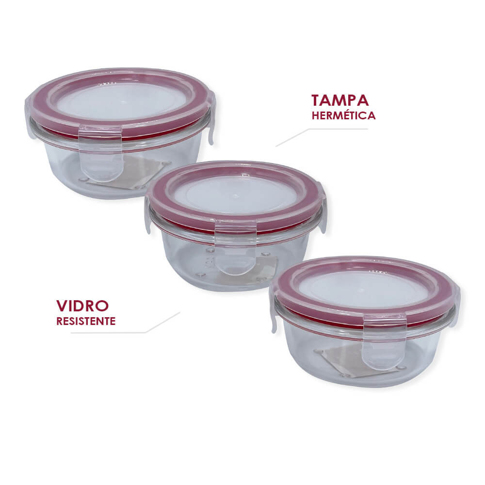 Kit 3 Potes Redondos de Vidro com Tampa Hermética