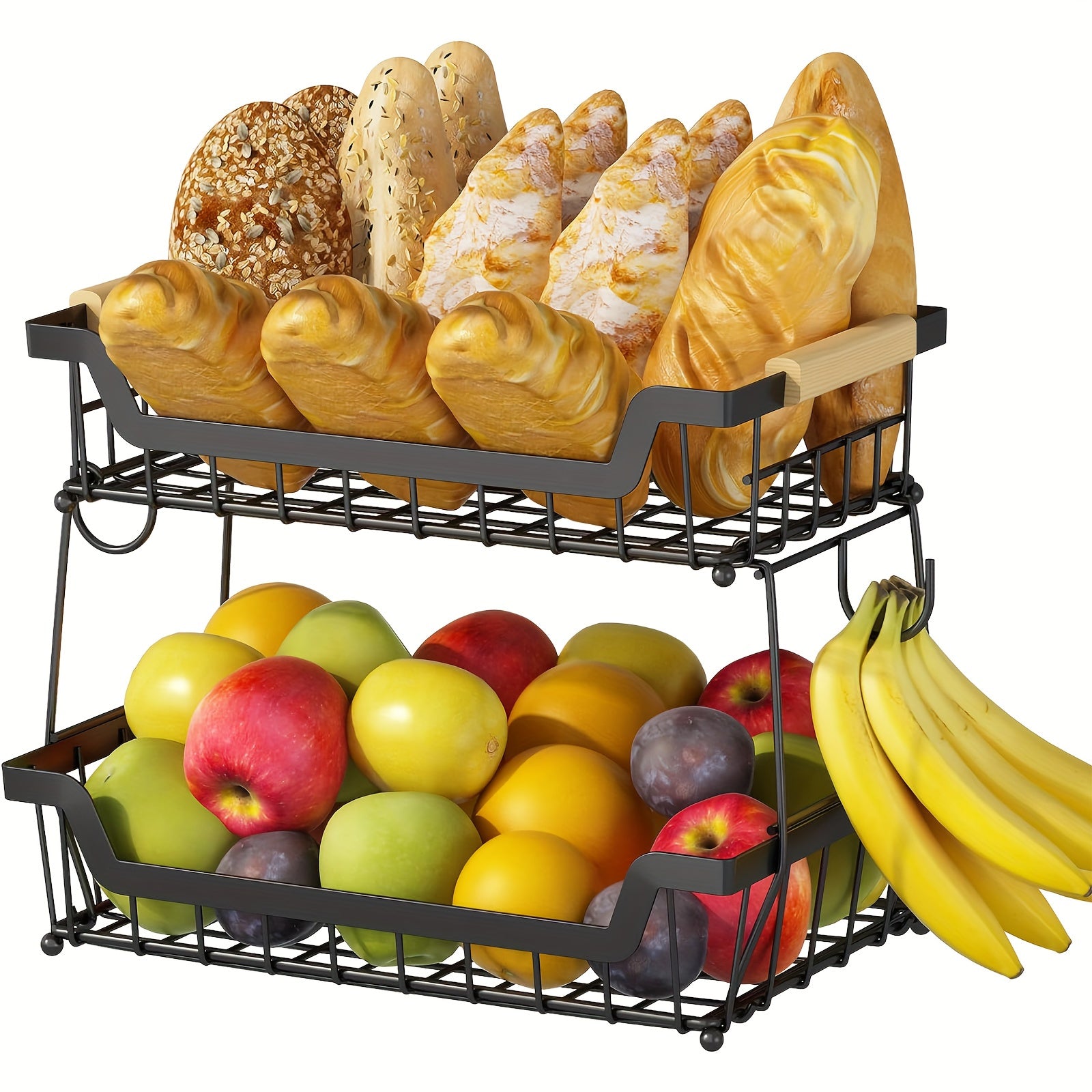 Prateleira de balcão de 2 níveis com 2 ganchos para cesta de frutas, adequada para cozinha, prateleira organizadora de frutas e vegetais de pão de metal removível com alça de madeira, tigela de rack de armazenamento retangular de grande capacidade, preto