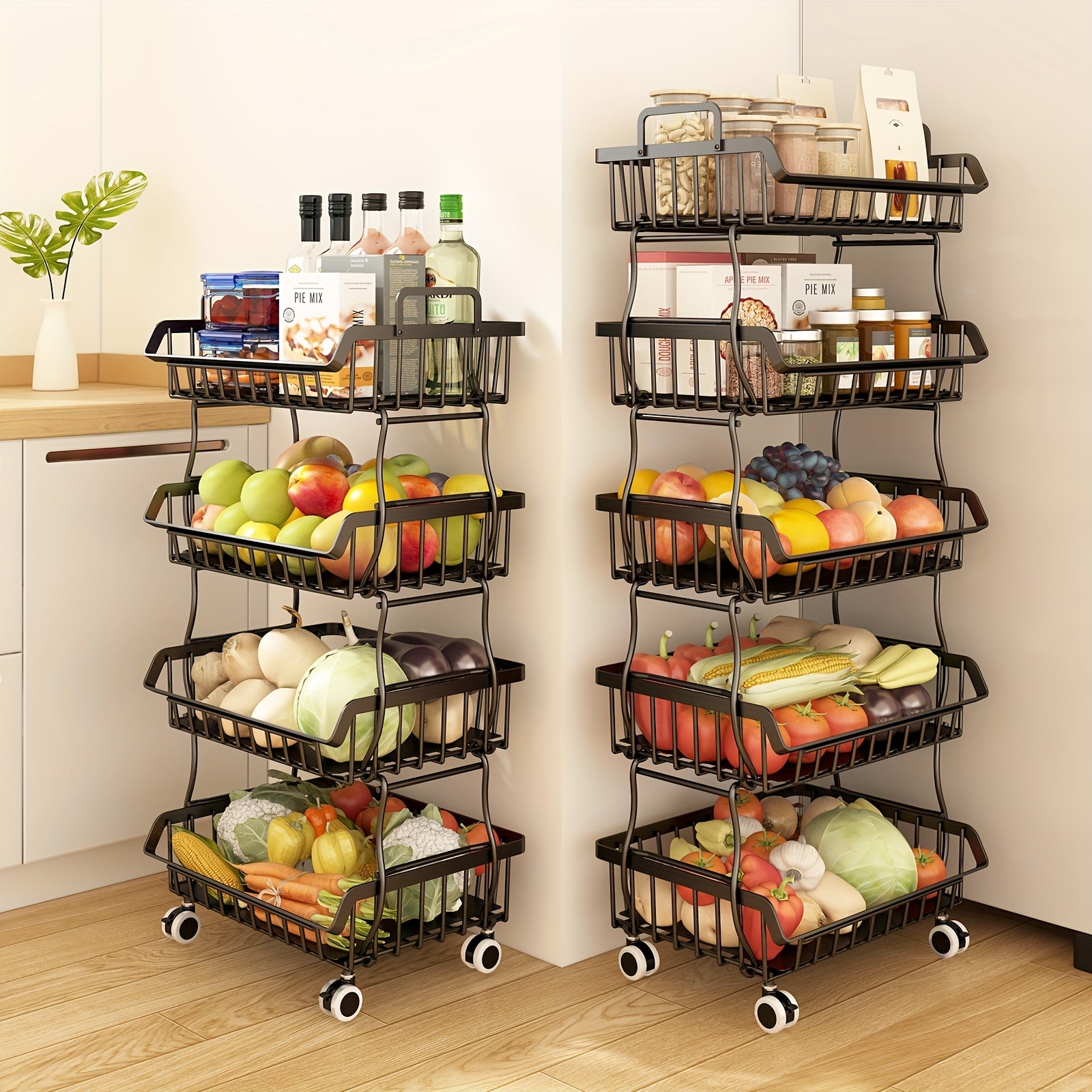 Cesto de frutas e legumes para cozinha, cestos de armazenamento de frutas e legumes empilháveis de 4 níveis com rodas, organizador de cestos de armazenamento de arame metálico para cozinha, despensa.
