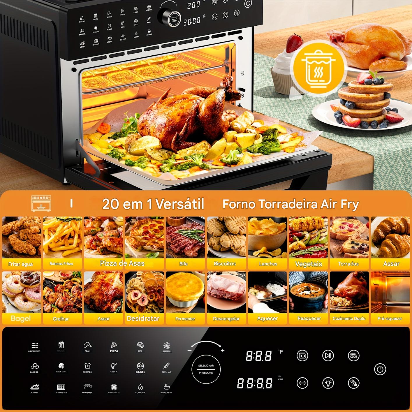 Combinado de Fritadeira a Ar Extra Grande de 32Qt & Forno Torradeira - 1800W, Configurações de Cozimento Duplo, Circulação de Ar Quente 360° para Refeições Mais Saudáveis, Pizza de 13", Mais, Prateleira Dupla 20-em-1, Porta Transparente, 7 Acessórios, Tec