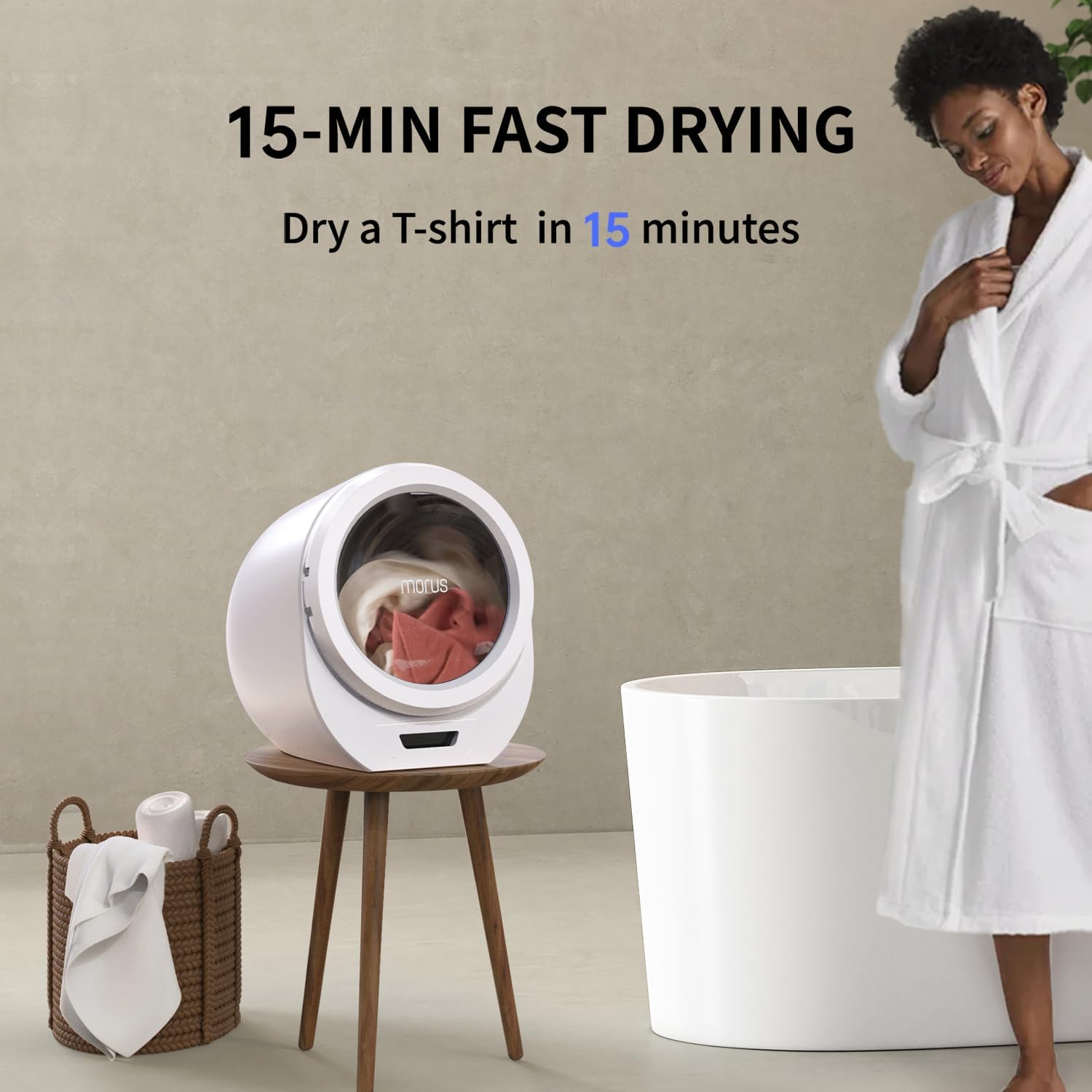 Morus Portable Compact Laundry Dryer for Apartments, 110V Electric With Stainless Steel Tub, 8 Automatic Modes, Child Lock, Fast Drying Without Installation, White