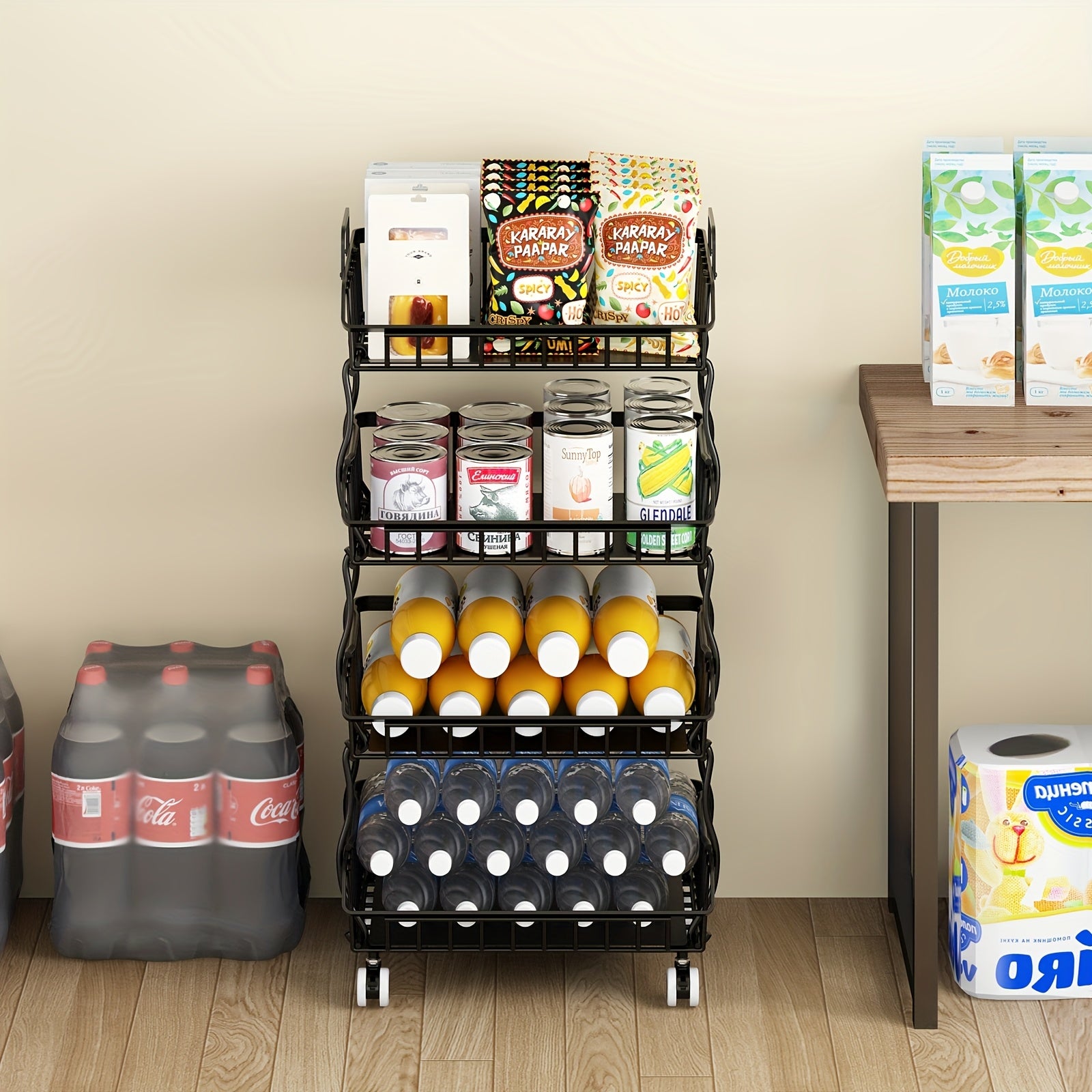 Cesto de frutas e legumes para cozinha, cestos de armazenamento de frutas e legumes empilháveis de 4 níveis com rodas, organizador de cestos de armazenamento de arame metálico para cozinha, despensa.
