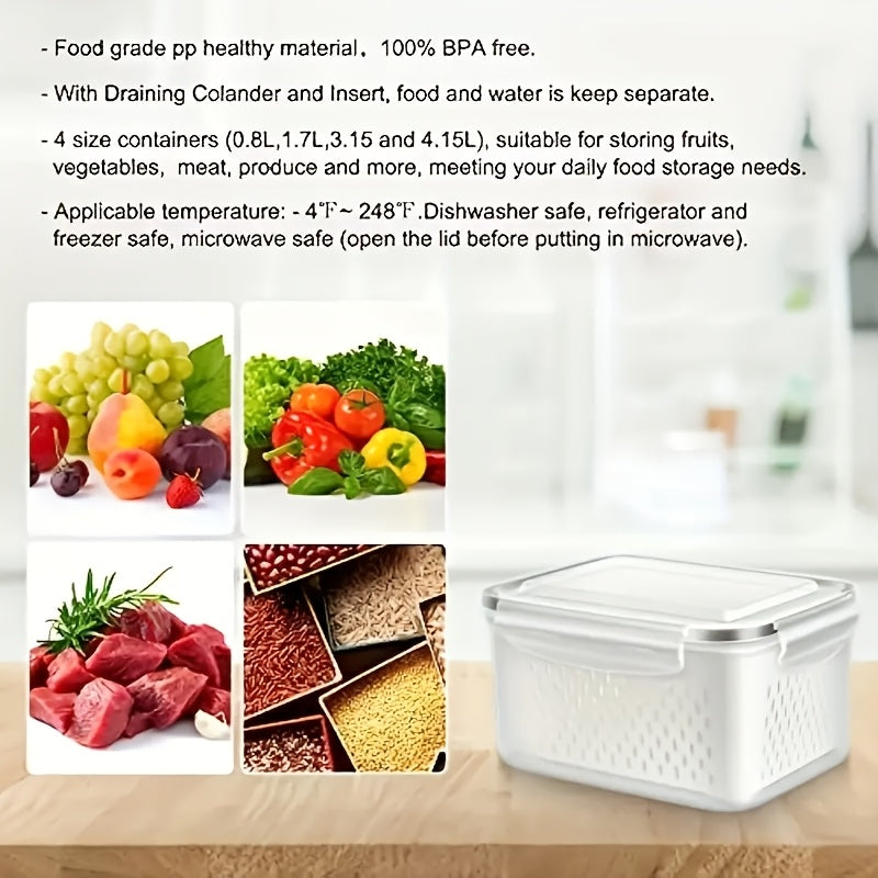 Conjunto de 9 peças de plástico para armazenamento de alimentos com BPA, com cesto de drenagem e tampa - À prova de vazamentos, seguro para frigorífico, organizador de cozinha multifuncional reutilizável para frutas, legumes e alimentos 2025