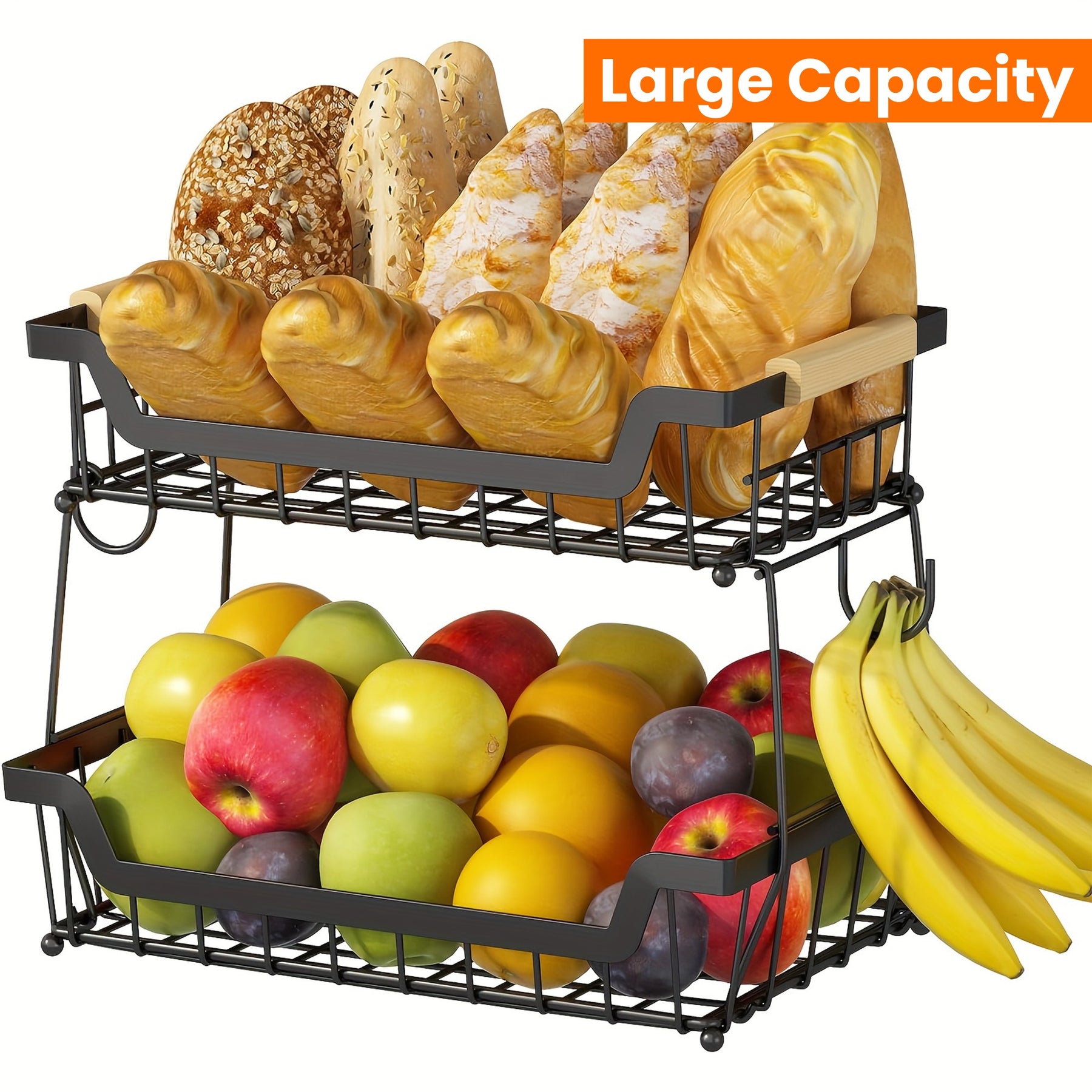 Prateleira de balcão de 2 níveis com 2 ganchos para cesta de frutas, adequada para cozinha, prateleira organizadora de frutas e vegetais de pão de metal removível com alça de madeira, tigela de rack de armazenamento retangular de grande capacidade, preto