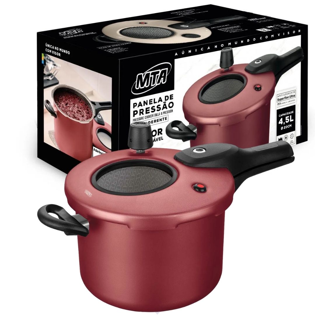 Panela de Pressão Antiaderente com Visor de Vidro MTA Revestimento Cerâmico 4,5L Fechamento Externo