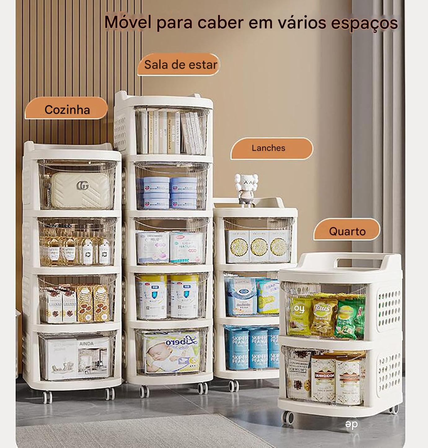 Organizador de Armazenamento de Plástico Empilhável com Gavetas e Rodas