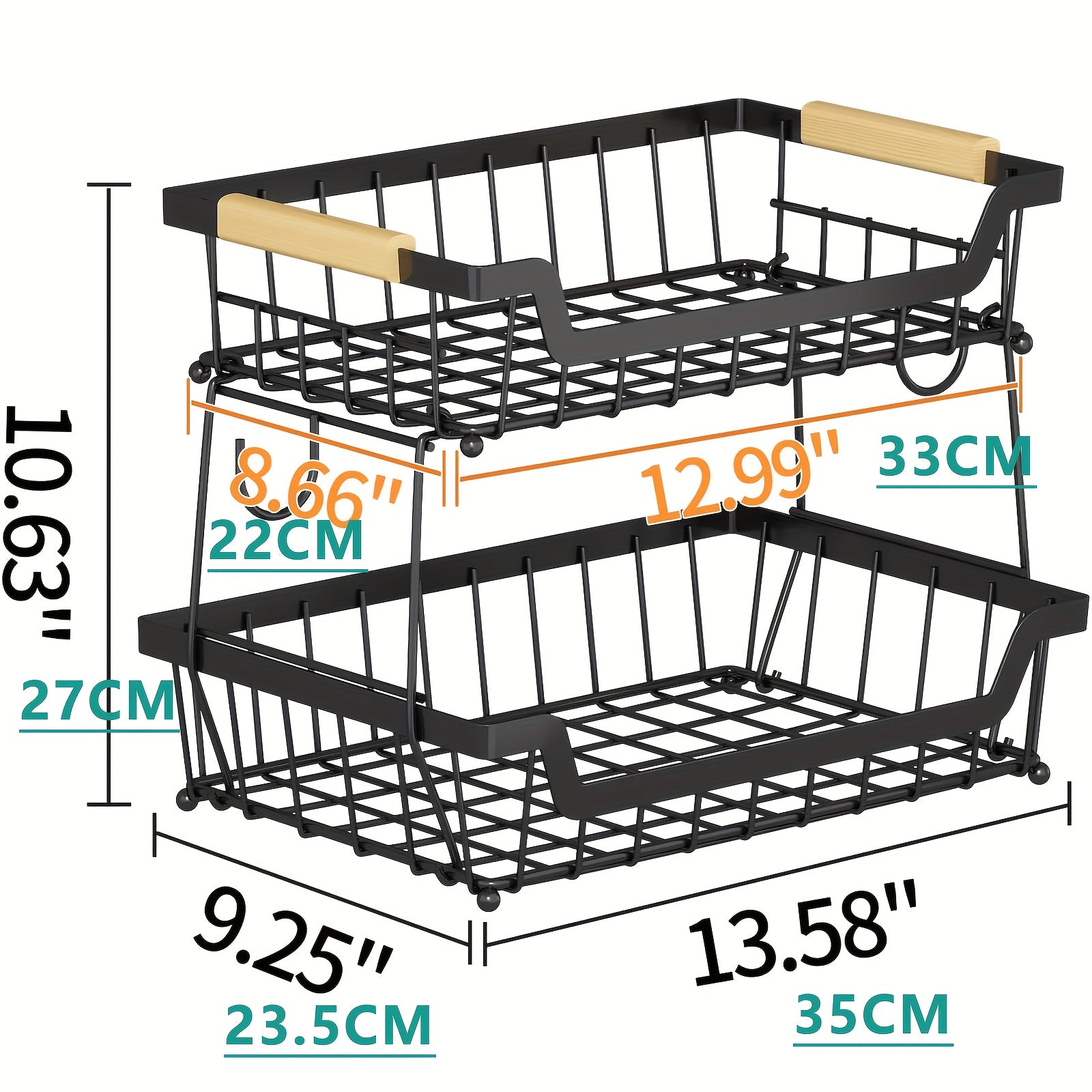 Prateleira de balcão de 2 níveis com 2 ganchos para cesta de frutas, adequada para cozinha, prateleira organizadora de frutas e vegetais de pão de metal removível com alça de madeira, tigela de rack de armazenamento retangular de grande capacidade, preto