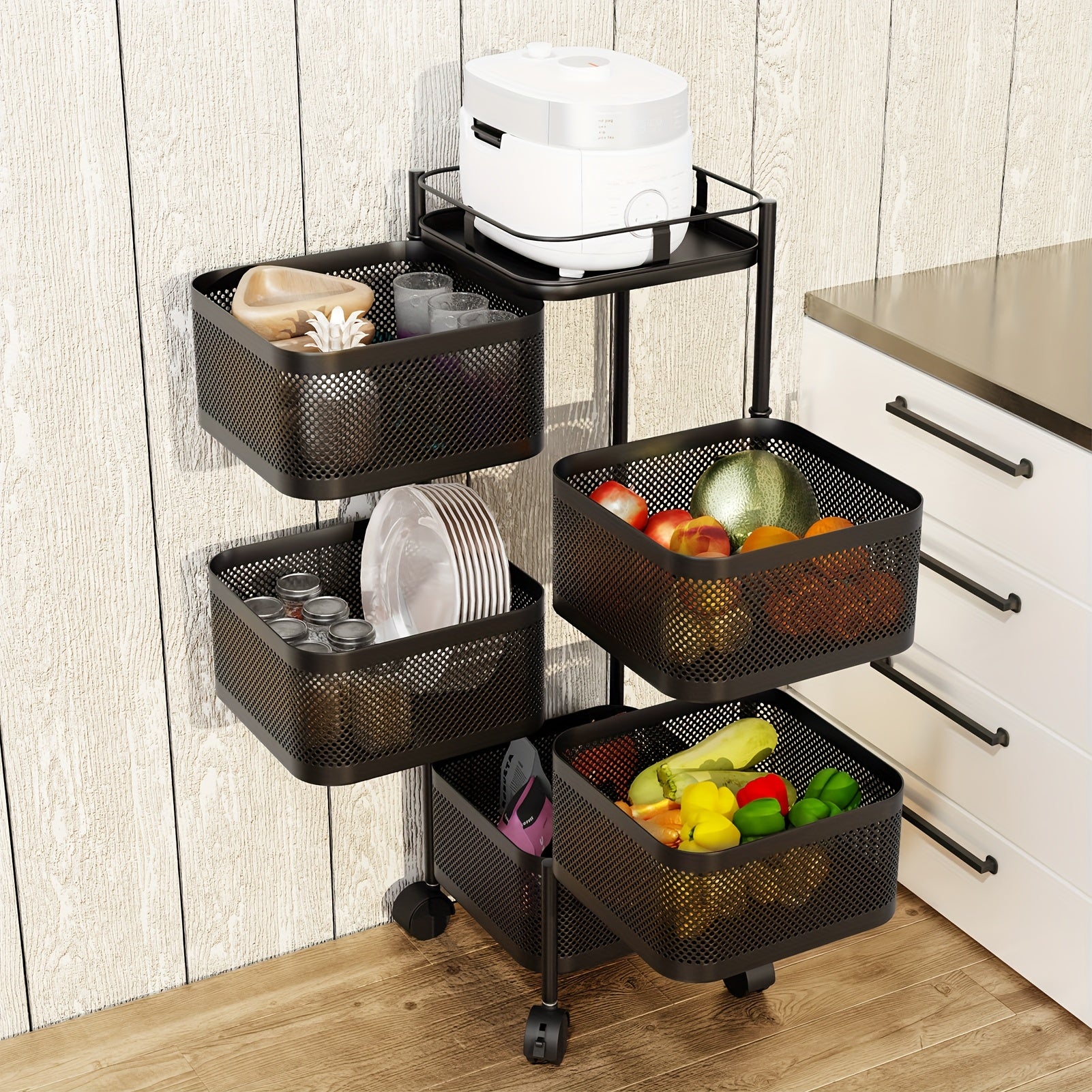 1pc Prateleiras E Prateleiras Para Transporte E Armazenamento De Alimentos Comerciais, Suporte De Armazenamento Circular Multicamadas Rotativo, Armazenamento Prático E Comercial De Vegetais E Frutas Com Rodas
