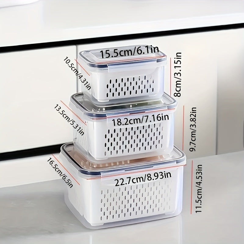 Conjunto de 9 peças de plástico para armazenamento de alimentos com BPA, com cesto de drenagem e tampa - À prova de vazamentos, seguro para frigorífico, organizador de cozinha multifuncional reutilizável para frutas, legumes e alimentos 2025