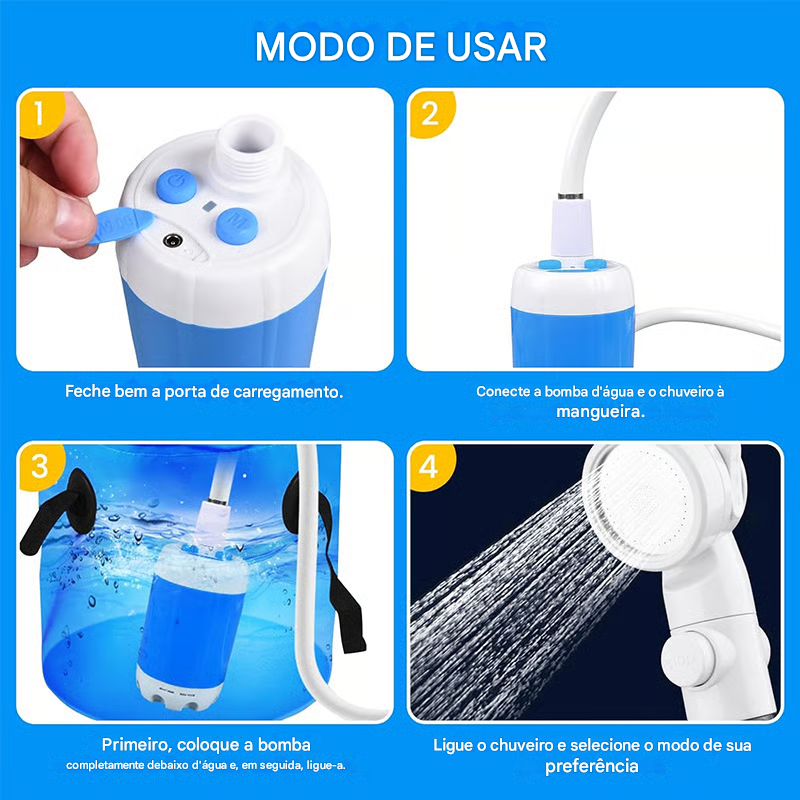 Chuveiro Elétrico Portátil para Acampamento ao Ar Livre