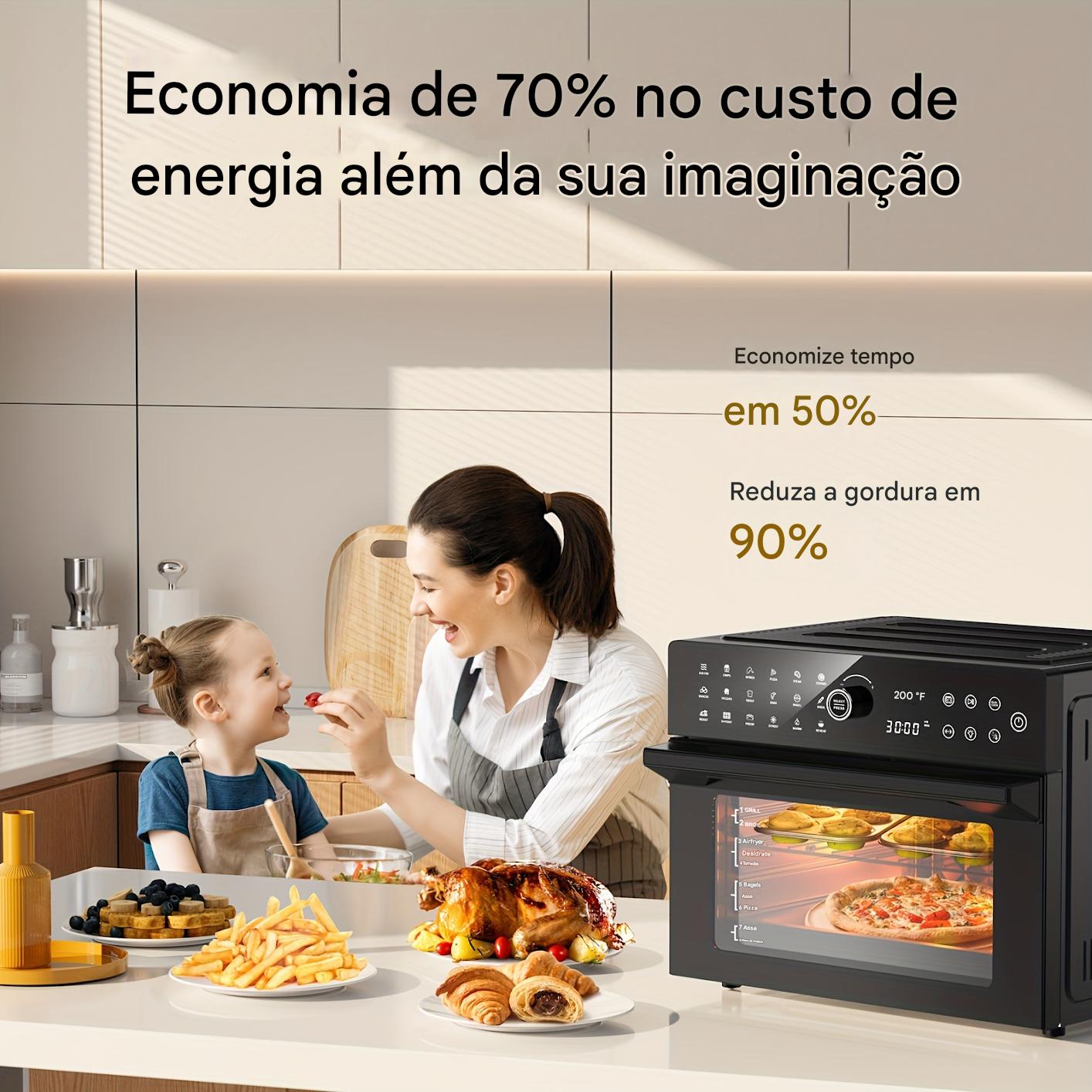 Combinado de Fritadeira a Ar Extra Grande de 32Qt & Forno Torradeira - 1800W, Configurações de Cozimento Duplo, Circulação de Ar Quente 360° para Refeições Mais Saudáveis, Pizza de 13", Mais, Prateleira Dupla 20-em-1, Porta Transparente, 7 Acessórios, Tec