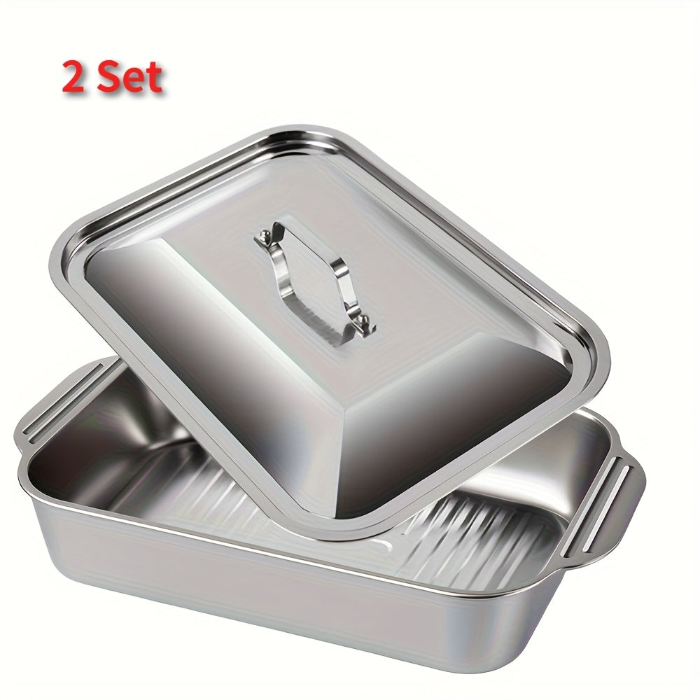 Conjunto de 2 ou 1 Panelas para Grelhar em Aço Inoxidável e Ferro Retangulares com Tampas, Alças, Para Assar, Servir, Antiaderente, Uso Doméstico e Comercial, Restaurante, Acampamento, Utensílios de Cozinha, Laváveis na Máquina de Louça - Essenciais da Co