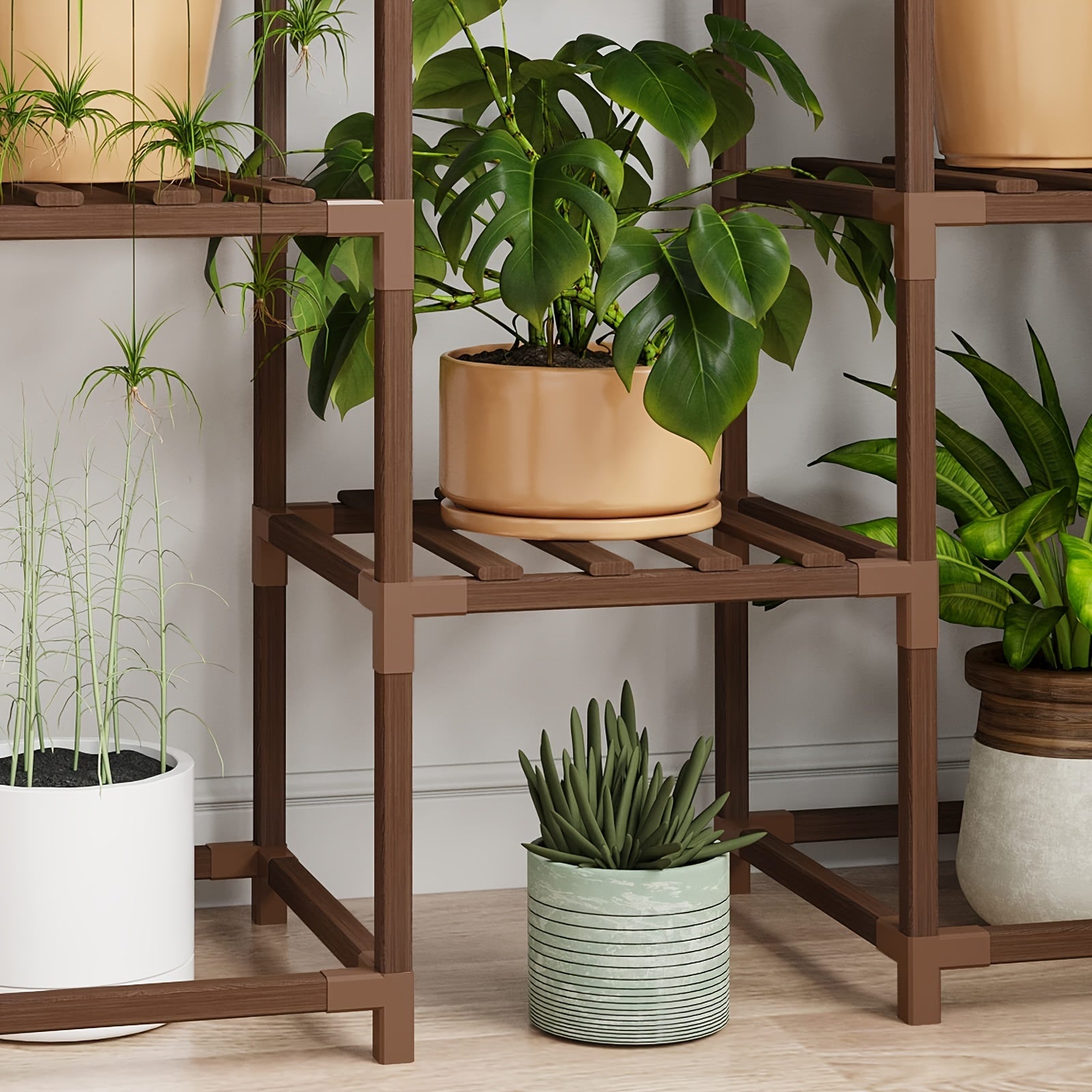 Suporte para plantas grande de 6 níveis, prateleira interna para plantas grandes, suporte externo com 13 suportes para vasos, prateleiras altas em camadas para várias plantas, coloque vasos suspensos ou plantas altas no meio