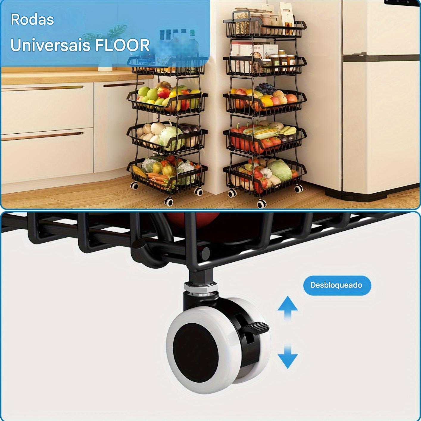 Cesto de frutas e legumes para cozinha, cestos de armazenamento de frutas e legumes empilháveis de 4 níveis com rodas, organizador de cestos de armazenamento de arame metálico para cozinha, despensa.
