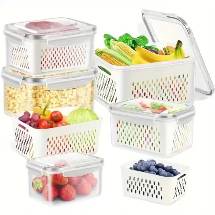 Conjunto de 9 peças de plástico para armazenamento de alimentos com BPA, com cesto de drenagem e tampa - À prova de vazamentos, seguro para frigorífico, organizador de cozinha multifuncional reutilizável para frutas, legumes e alimentos 2025