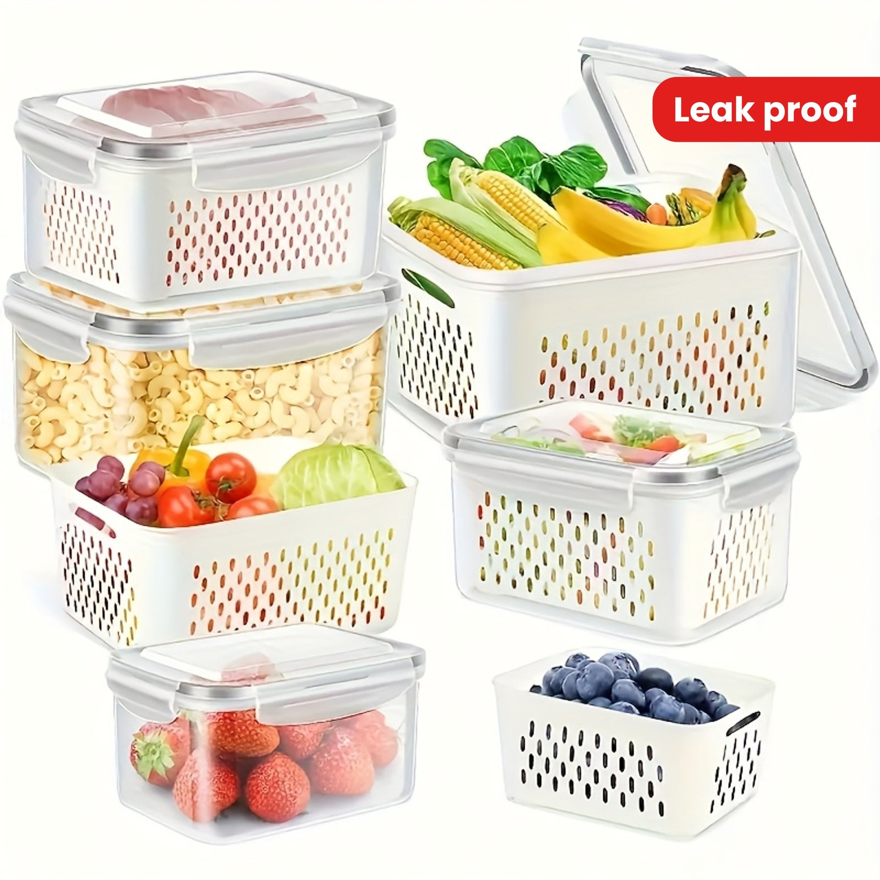 Conjunto de 9 peças de plástico para armazenamento de alimentos com BPA, com cesto de drenagem e tampa - À prova de vazamentos, seguro para frigorífico, organizador de cozinha multifuncional reutilizável para frutas, legumes e alimentos 2025