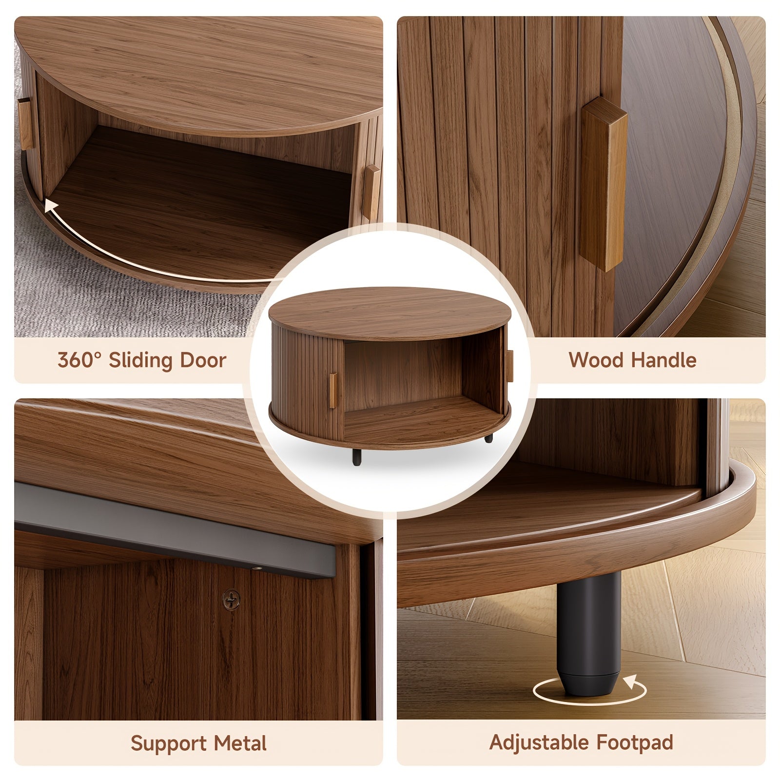 Mesa de café redonda de madeira 31.5 polegadas Mesa central com espaço de armazenamento, porta deslizante curva de 360° e sofá com apoio de pé ajustável Mesa lateral para sala de estar da família Carvalho