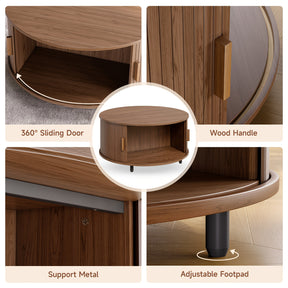 Mesa de café redonda de madeira 31.5 polegadas Mesa central com espaço de armazenamento, porta deslizante curva de 360° e sofá com apoio de pé ajustável Mesa lateral para sala de estar da família Carvalho