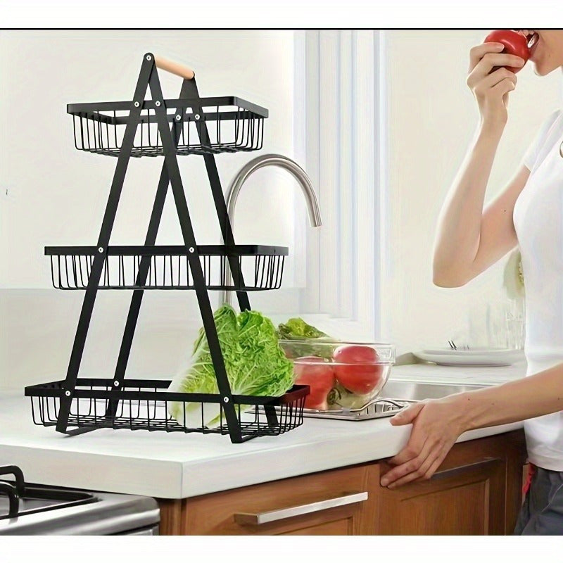 Suporte de frutas de 3 níveis, organizador de tigelas removível com pega de madeira, rack de armazenamento para organização e preservação de cozinha, utensílios de cozinha. Organizador de armazenamento de cozinha resistente para pão e snacks, cesto de fru
