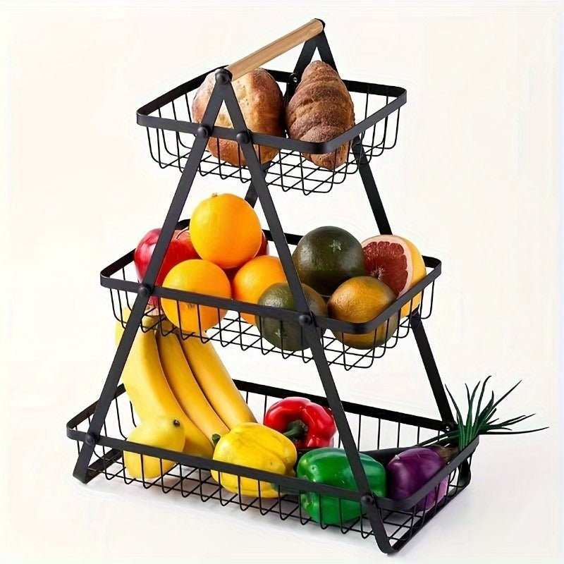 Suporte de frutas de 3 níveis, organizador de tigelas removível com pega de madeira, rack de armazenamento para organização e preservação de cozinha, utensílios de cozinha. Organizador de armazenamento de cozinha resistente para pão e snacks, cesto de fru