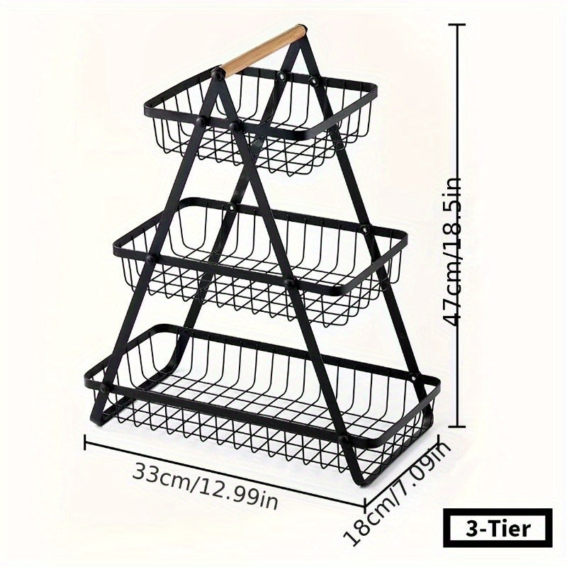 Suporte de frutas de 3 níveis, organizador de tigelas removível com pega de madeira, rack de armazenamento para organização e preservação de cozinha, utensílios de cozinha. Organizador de armazenamento de cozinha resistente para pão e snacks, cesto de fru