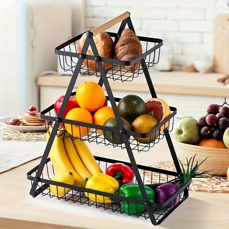 Suporte de frutas de 3 níveis, organizador de tigelas removível com pega de madeira, rack de armazenamento para organização e preservação de cozinha, utensílios de cozinha. Organizador de armazenamento de cozinha resistente para pão e snacks, cesto de fru