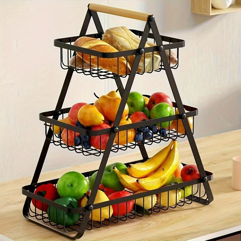 Suporte de frutas de 3 níveis, organizador de tigelas removível com pega de madeira, rack de armazenamento para organização e preservação de cozinha, utensílios de cozinha. Organizador de armazenamento de cozinha resistente para pão e snacks, cesto de fru