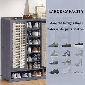 Armário de armazenamento de sapatos de bambu de 8 camadas com portas, sapateira para 38-42 pares para armário, armário de armazenamento de vime com portas para corredor ou sala de estar, marrom/cinza