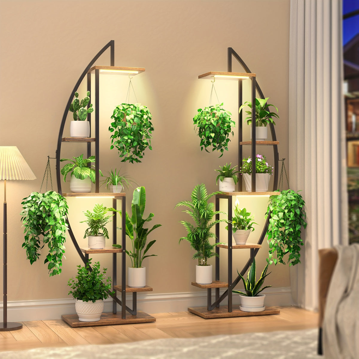2pcs Suportes para Plantas Internas em Forma de Meia-Lua de 63" com Luzes de Crescimento de Espectro Completo - Prateleiras de Metal Multiníveis para Plantas, Decoração & Mais - Marrom & Preto