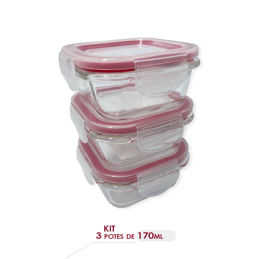 Kit 3 Potes Quadrados de Vidro com Tampa Hermética