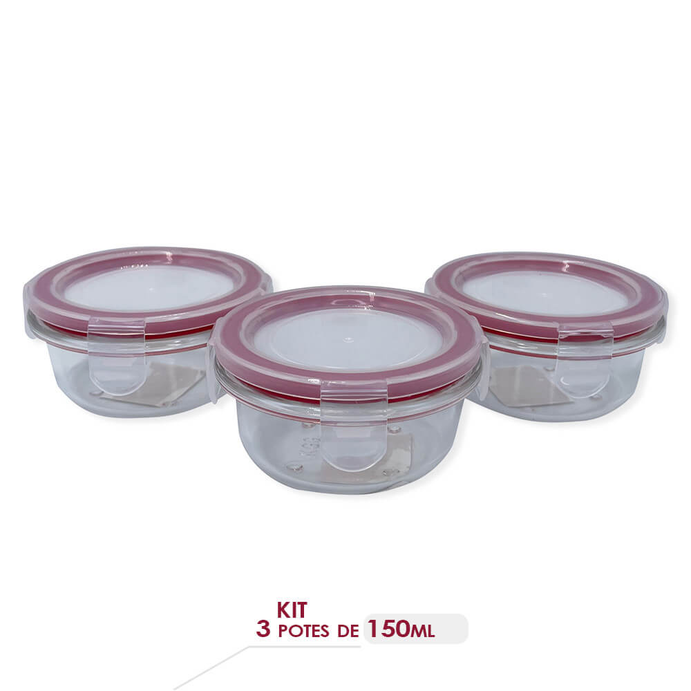 Kit 3 Potes Redondos de Vidro com Tampa Hermética