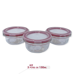 Kit 3 Potes Redondos de Vidro com Tampa Hermética