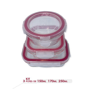 Kit 3 Potes de Vidro com Tampa Hermética