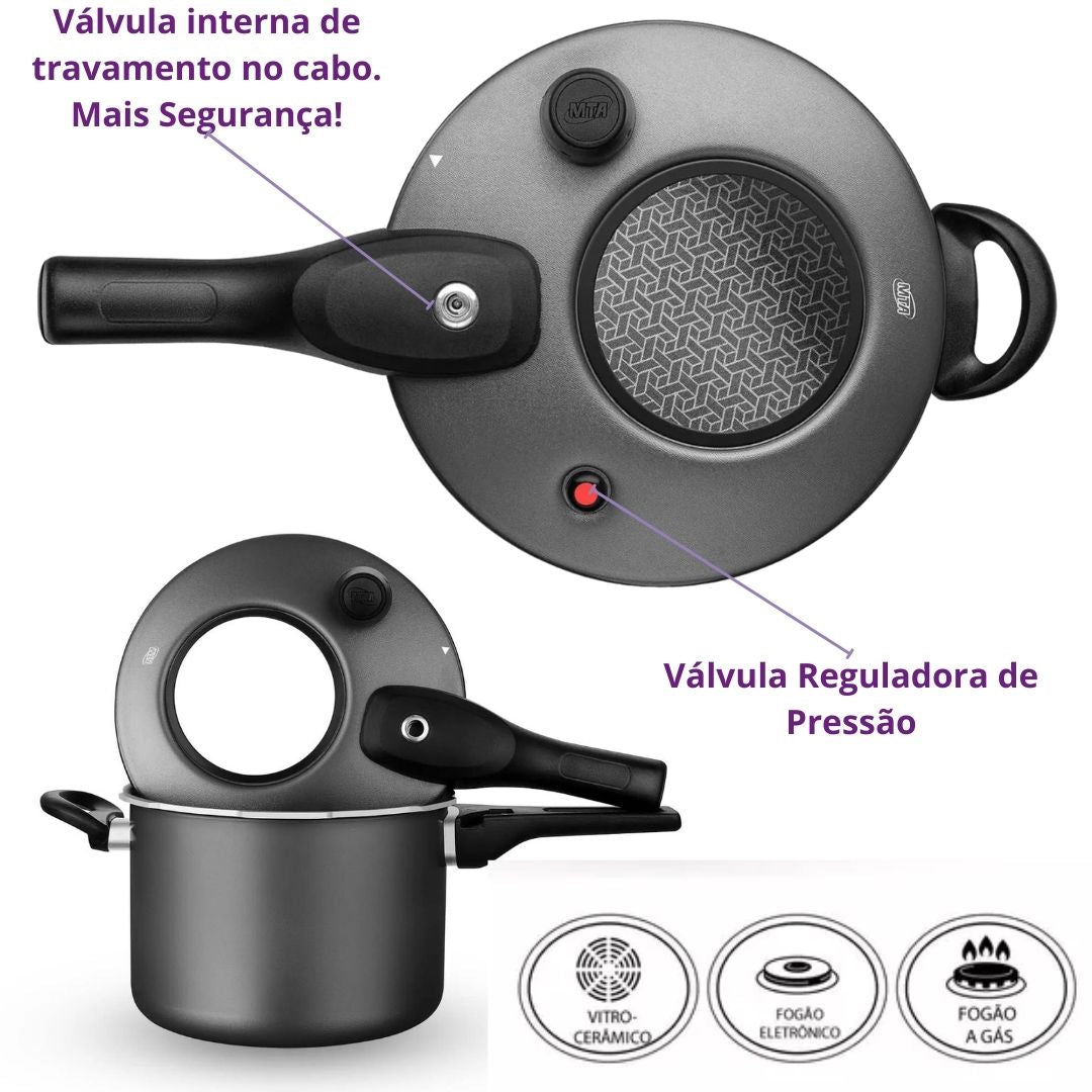 Panela de Pressão Antiaderente com Visor de Vidro MTA Revestimento Cerâmico 4,5L Fechamento Externo