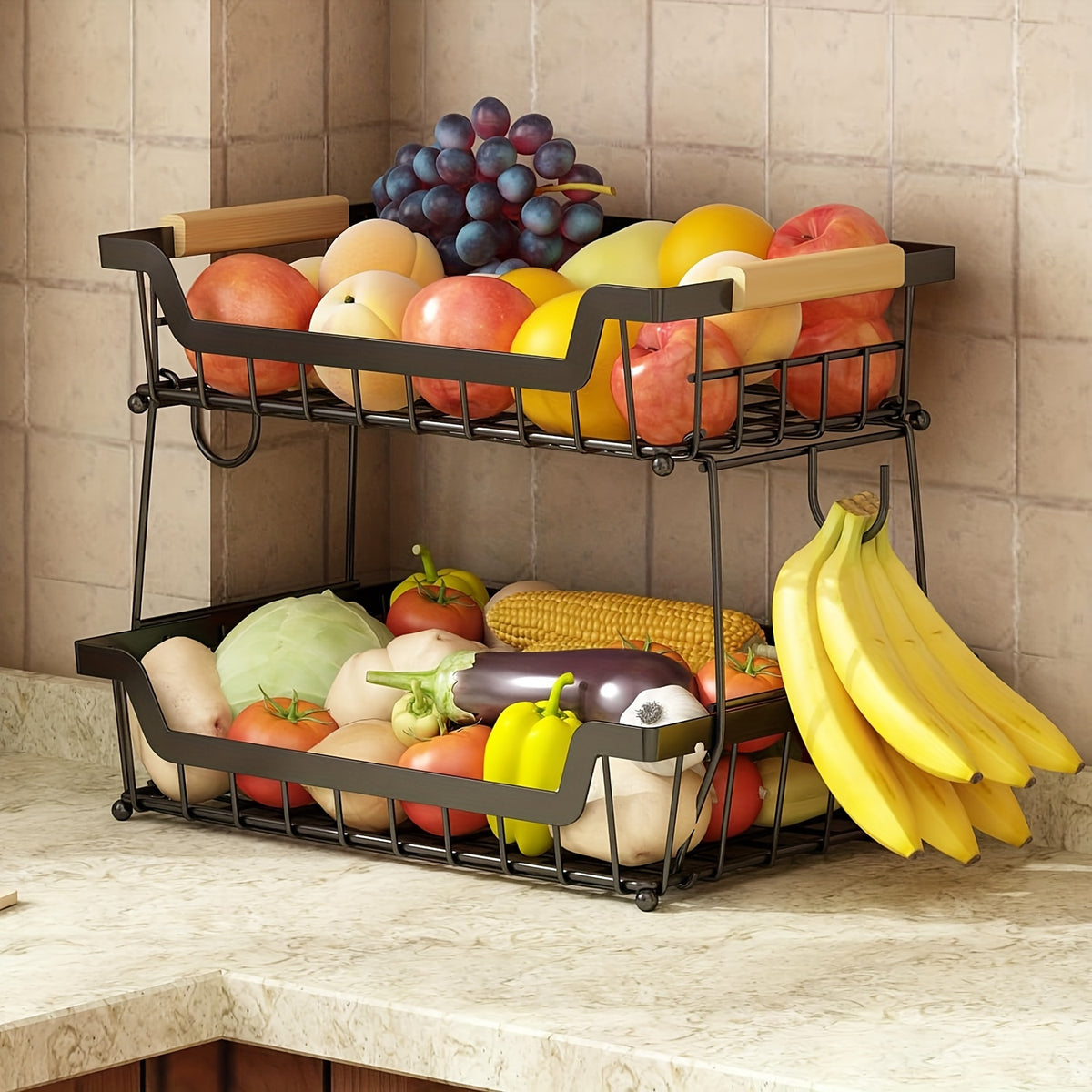 Prateleira de balcão de 2 níveis com 2 ganchos para cesta de frutas, adequada para cozinha, prateleira organizadora de frutas e vegetais de pão de metal removível com alça de madeira, tigela de rack de armazenamento retangular de grande capacidade, preto