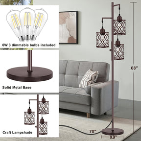 Lâmpada de Chão Estilo Fazenda de 68 Polegadas (Aprox. 172.7cm), Lâmpada de Chão Industrial Regulável para Sala de Estar, 3 Lâmpadas Verticais Simples Altas Incluindo 3 Lâmpadas E26 de 6W, Lâmpada de Chão em Forma de Árvore para Quarto, Escritório, Bar, M