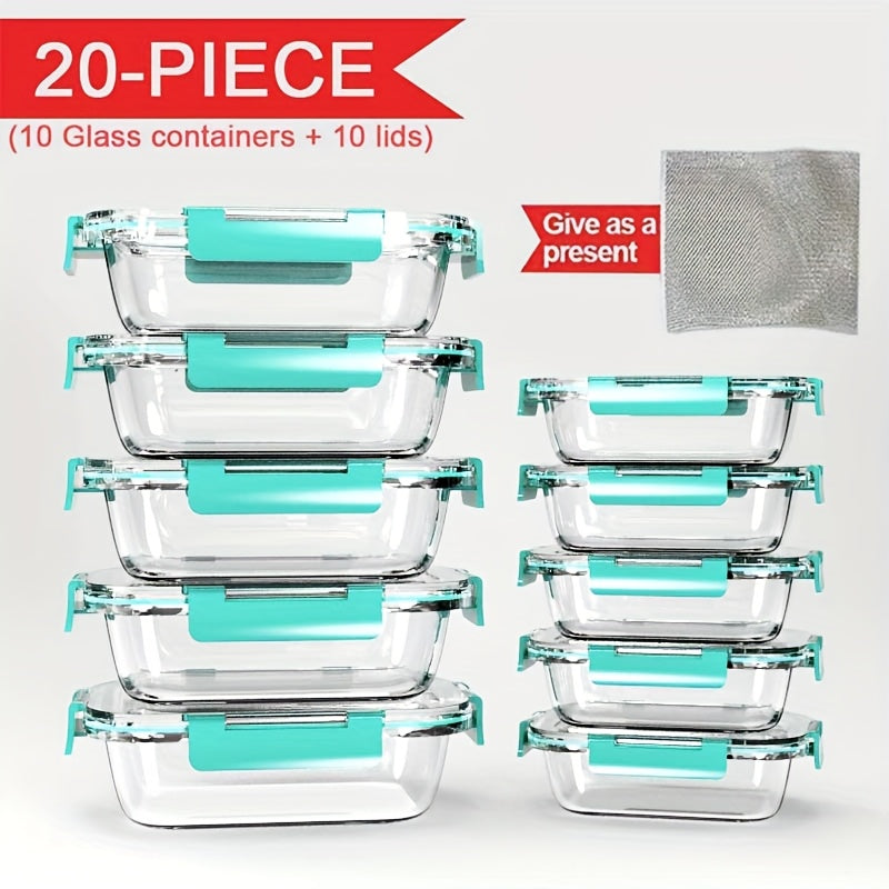 Conjunto Empilhável de 20 Recipientes para Alimentos em Vidro (10 Tampas + 10 Recipientes) - Preparação de Refeições e Despensa Multifuncional. com Tampas Herméticas, Seguro para Forno, Micro-ondas, Geladeira e Máquina de Lavar Louça. Design Durável que E
