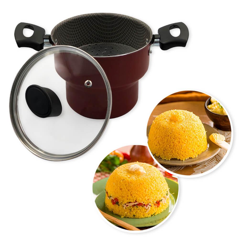 Cuscuzeira Antiaderente com Tampa de Vidro - Vermelho