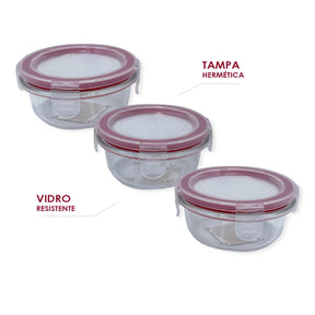 Kit 3 Potes Redondos de Vidro com Tampa Hermética