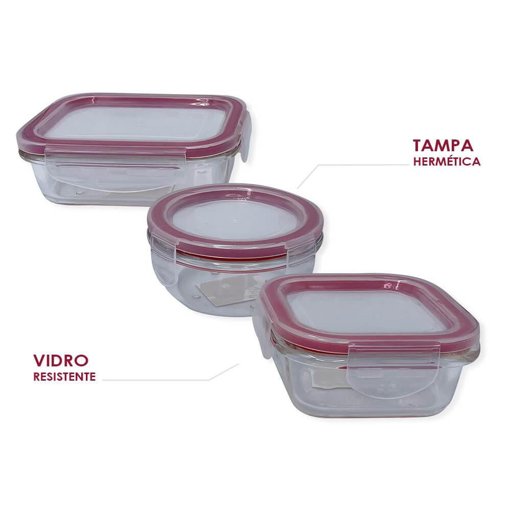 Kit 3 Potes de Vidro com Tampa Hermética