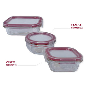 Kit 3 Potes de Vidro com Tampa Hermética