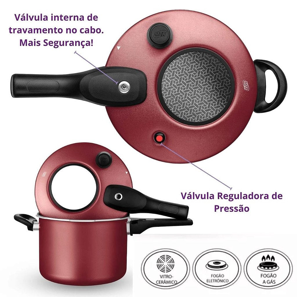 Panela de Pressão Antiaderente com Visor de Vidro MTA Revestimento Cerâmico 4,5L Fechamento Externo