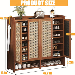 Armário de armazenamento de sapatos de bambu de 8 camadas com portas, sapateira para 38-42 pares para armário, armário de armazenamento de vime com portas para corredor ou sala de estar, marrom/cinza