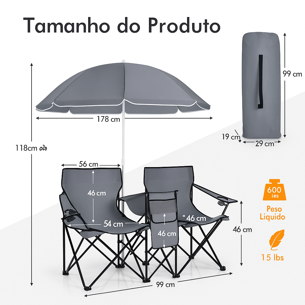 Cadeiras Dobráveis com Guarda‑Sol e Cooler Integrado