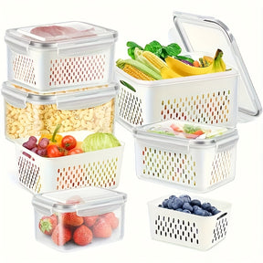 Conjunto de 9 peças de plástico para armazenamento de alimentos com BPA, com cesto de drenagem e tampa - À prova de vazamentos, seguro para frigorífico, organizador de cozinha multifuncional reutilizável para frutas, legumes e alimentos 2025